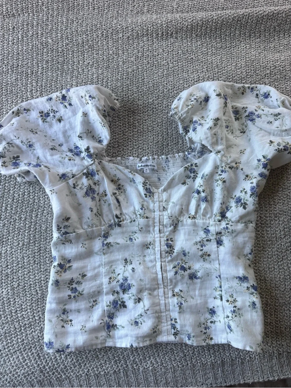 Reformation Cream Linen Top with Blue Floral Print and Puff Sleeves